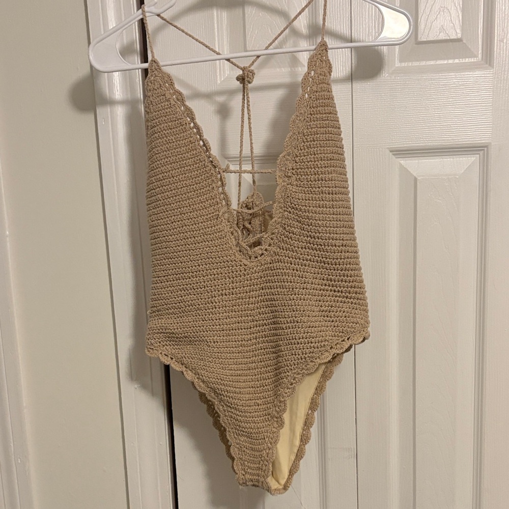 Crochet Lace-Up Tan Bodysuit
